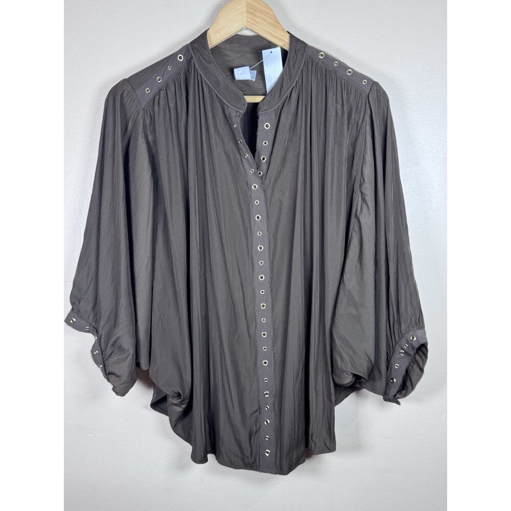NWT Chicos Womens Blouse Satin Batwing Chocolate Brown Ring Trim 8/10 MSRP $89